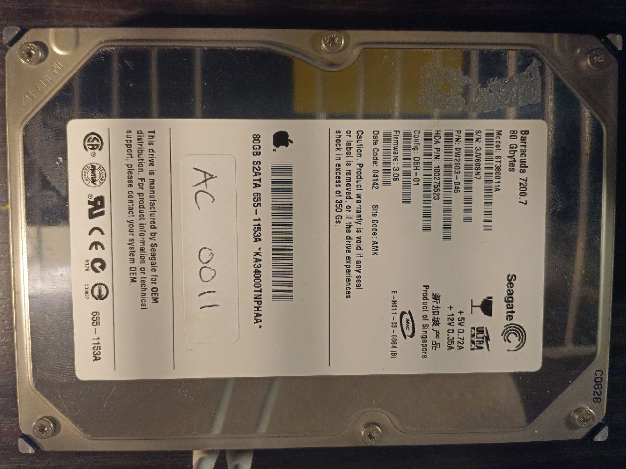 AC0011 - Seagate ST380011A 80GB Ultra ATA / IDE donor drive - serial 3JV68SN7 - firmware 3.06 photo