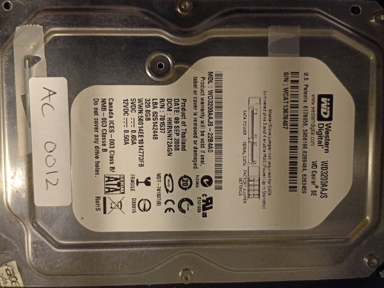 Western Digital WD3200AAJS-22B4A0 320GB donor drive