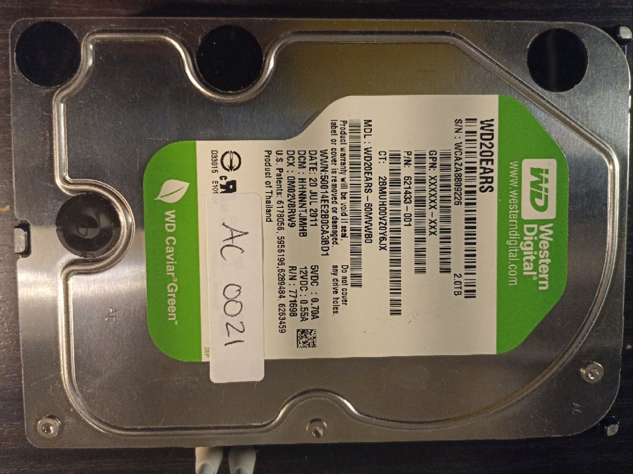 AC0021 - Western Digital WD20EARS-60MVWB0 2TB SATA donor drive - serial WCAZA8809226 - part 621433-001 photo