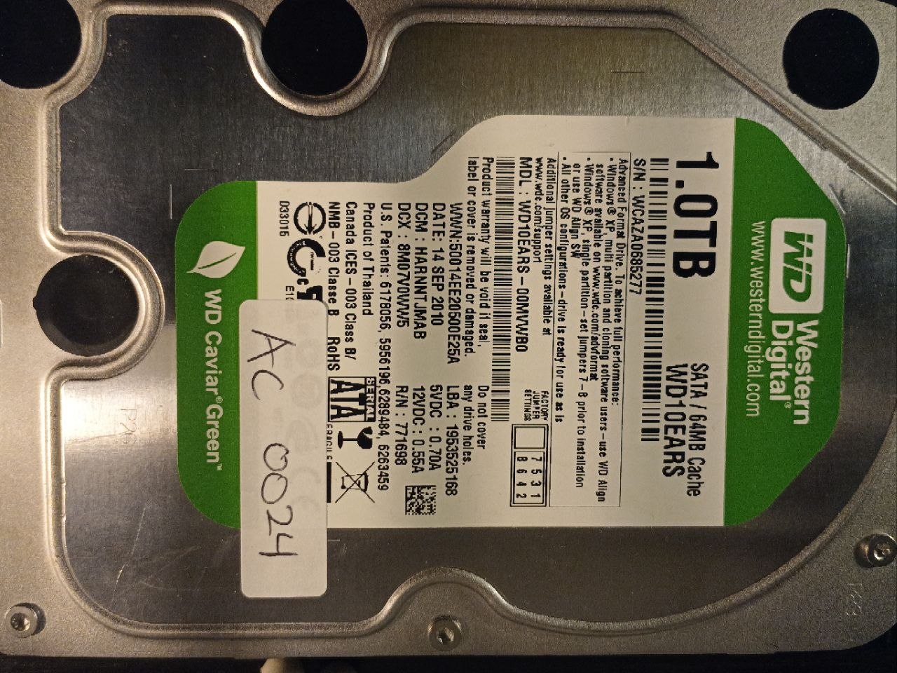 AC0024 - Western Digital WD10EARS-00MVWB0 1TB SATA donor drive - serial WCAZA0685277 - dcm HARNNT2MAB photo