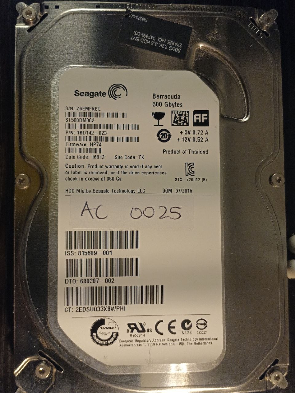 AC0025 - Seagate ST500DM002 500GB SATA donor drive - serial Z6EMFKBE - firmware HP74 photo