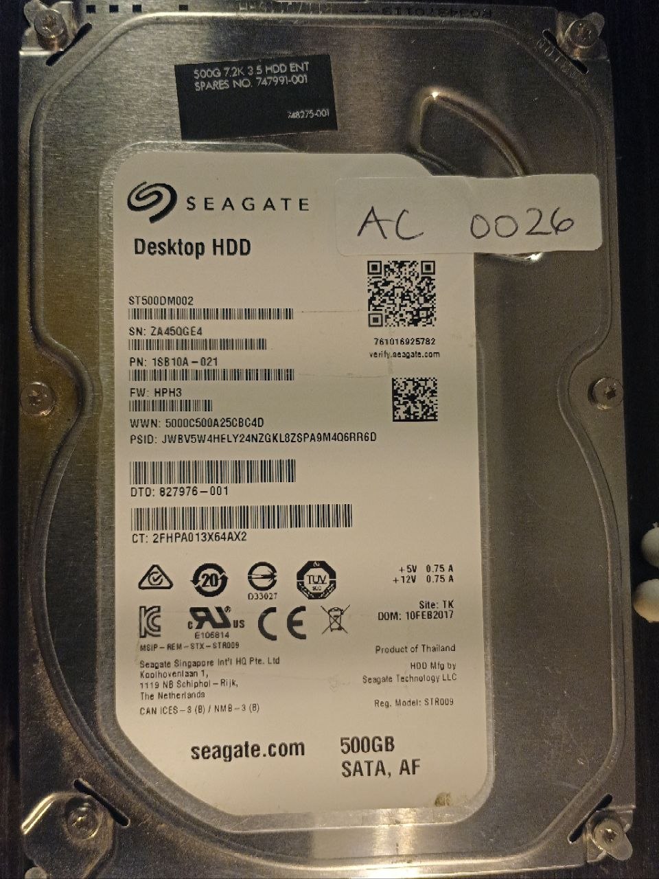 AC0026 - Seagate ST500DM002 500GB SATA donor drive - serial Z4450GE4 - firmware HPH3 photo