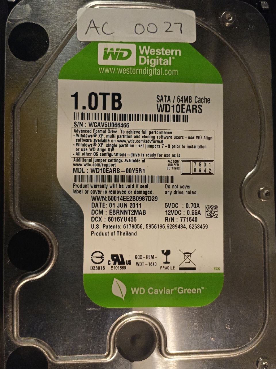 AC0027 - Western Digital WD10EARS-00Y5B1 1TB SATA donor drive - serial WCAV5U066466 - dcm EBRNNT2MAB photo