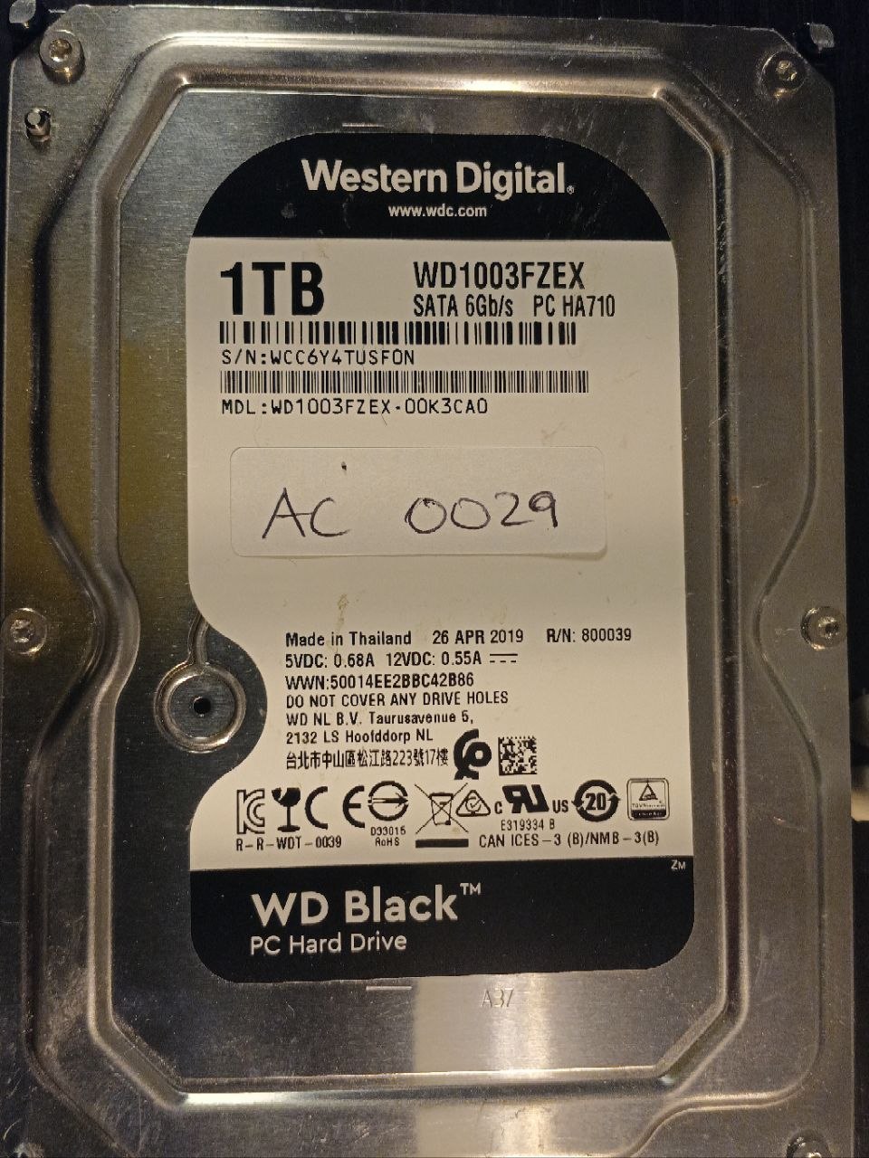 AC0029 - Western Digital WD1003FZEX-00K3CA0 1TB SATA 6Gb/s donor drive - serial WCC6Y4TUSF0N - wwn 50014EE2... photo
