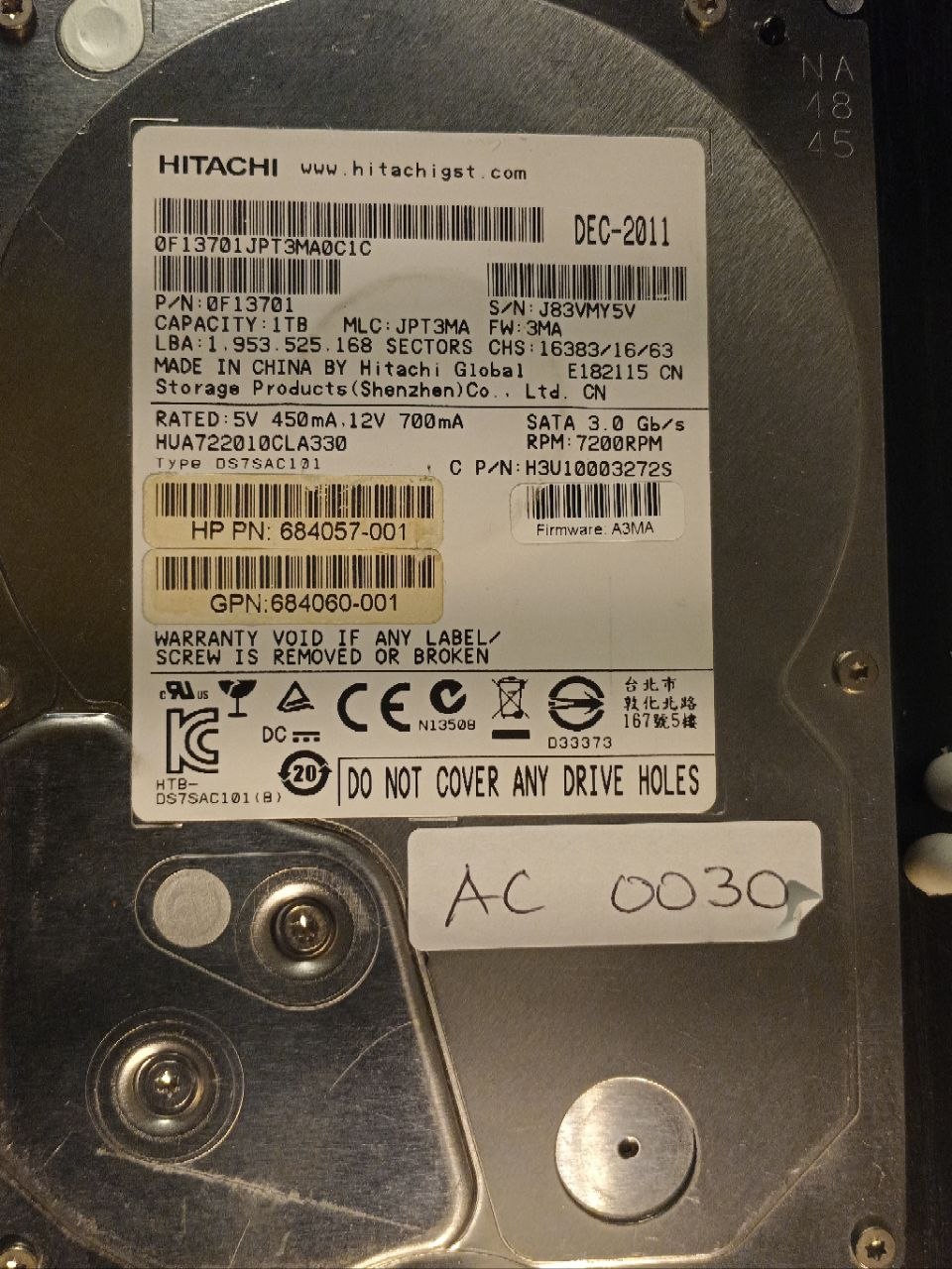 AC0030 - Hitachi HUA722010CLA330 1TB SATA 3.0 Gb/s donor drive - serial J83VMY5V - firmware A3MA photo