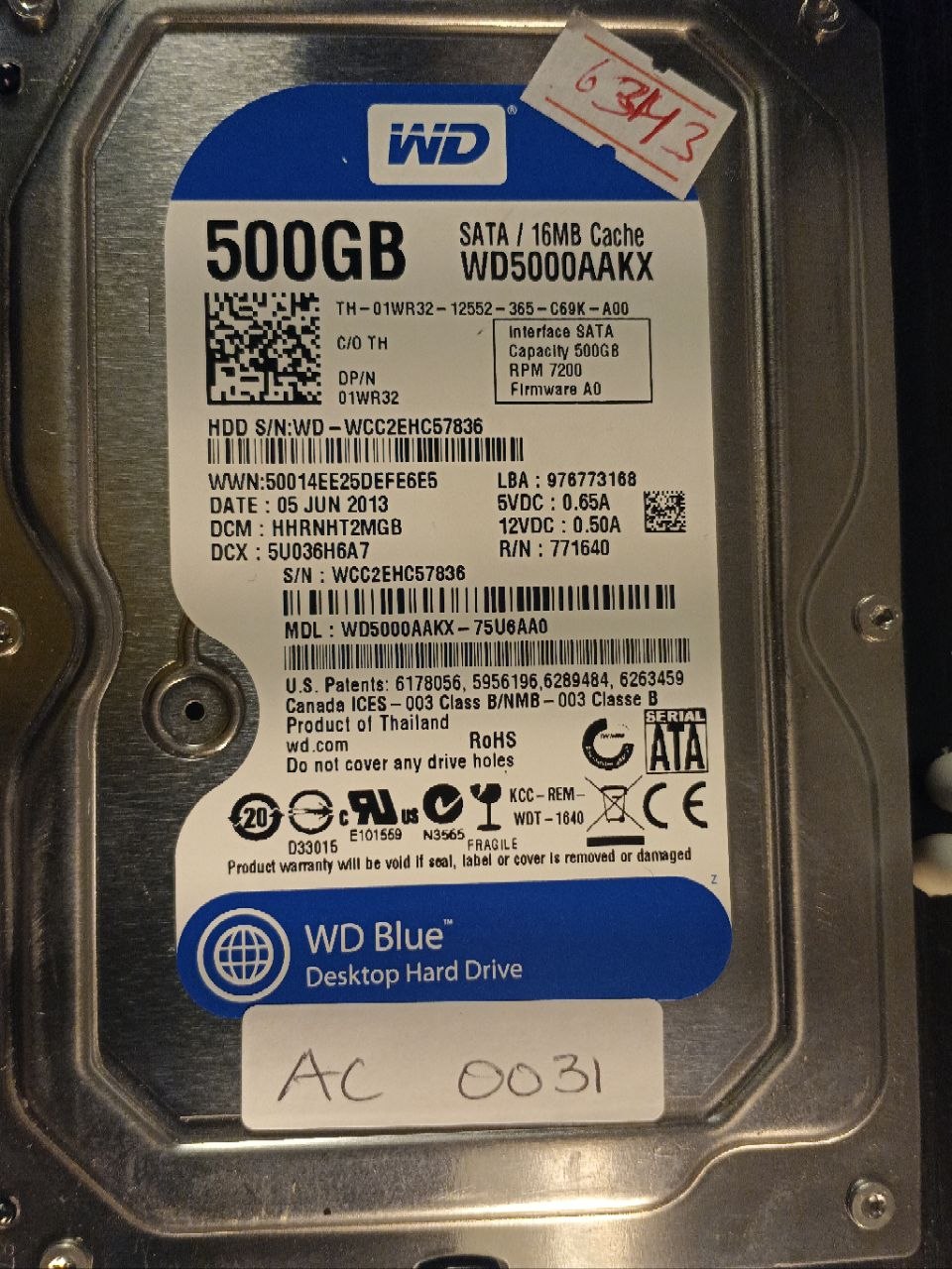 AC0031 - Western Digital WD5000AAKX-75U6AA0 500GB SATA donor drive - serial WCC2EHC57836 - firmware A0 photo