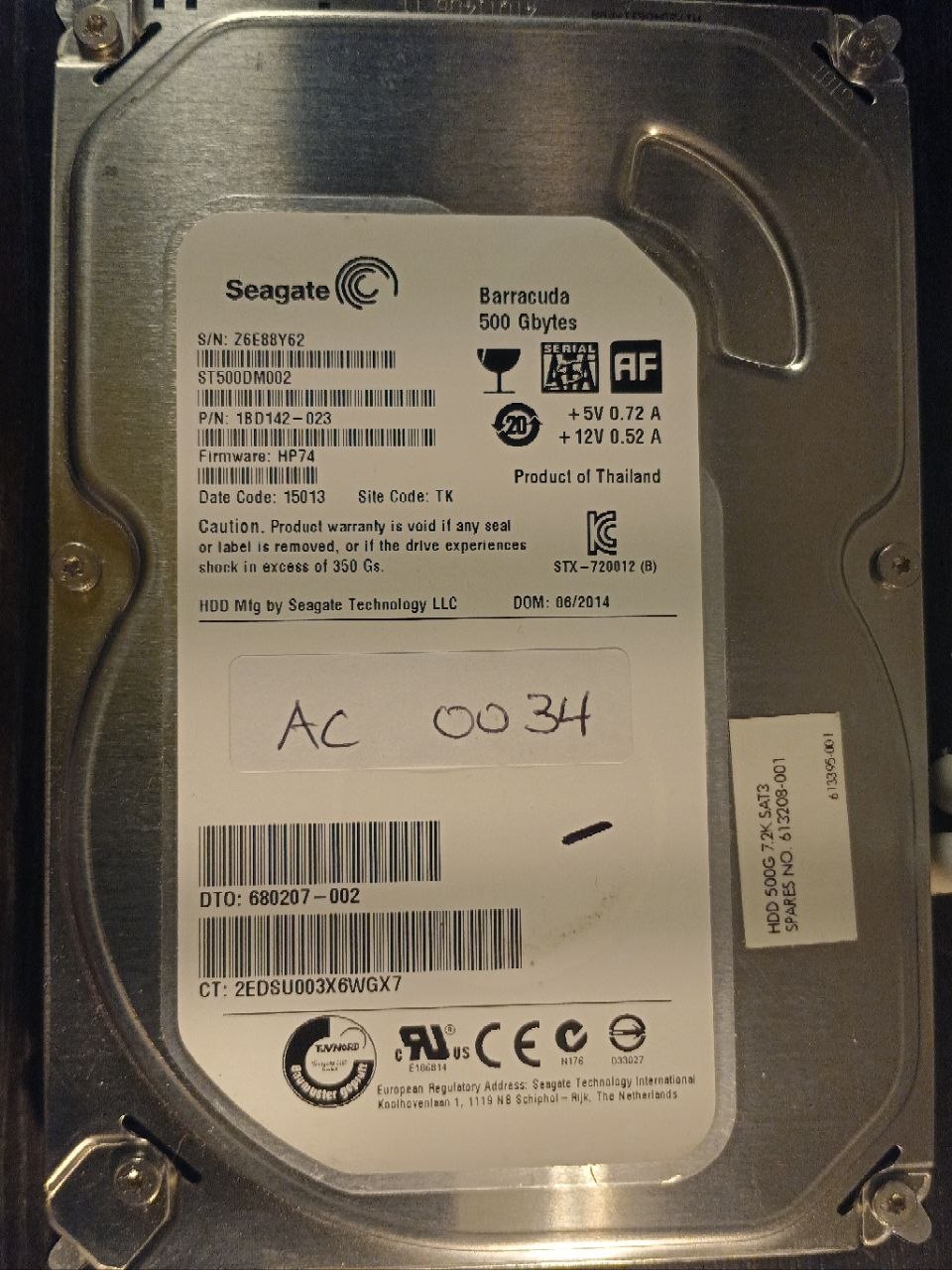AC0034 - Seagate ST500DM002 500GB SATA donor drive - serial Z6E88Y62 - firmware HP74 photo
