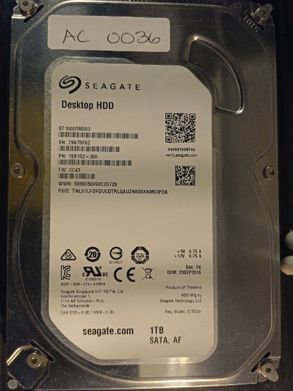 AC0036 - Seagate ST1000DM003 1TB SATA donor drive - serial Z9A70F6Z - firmware CC43 photo