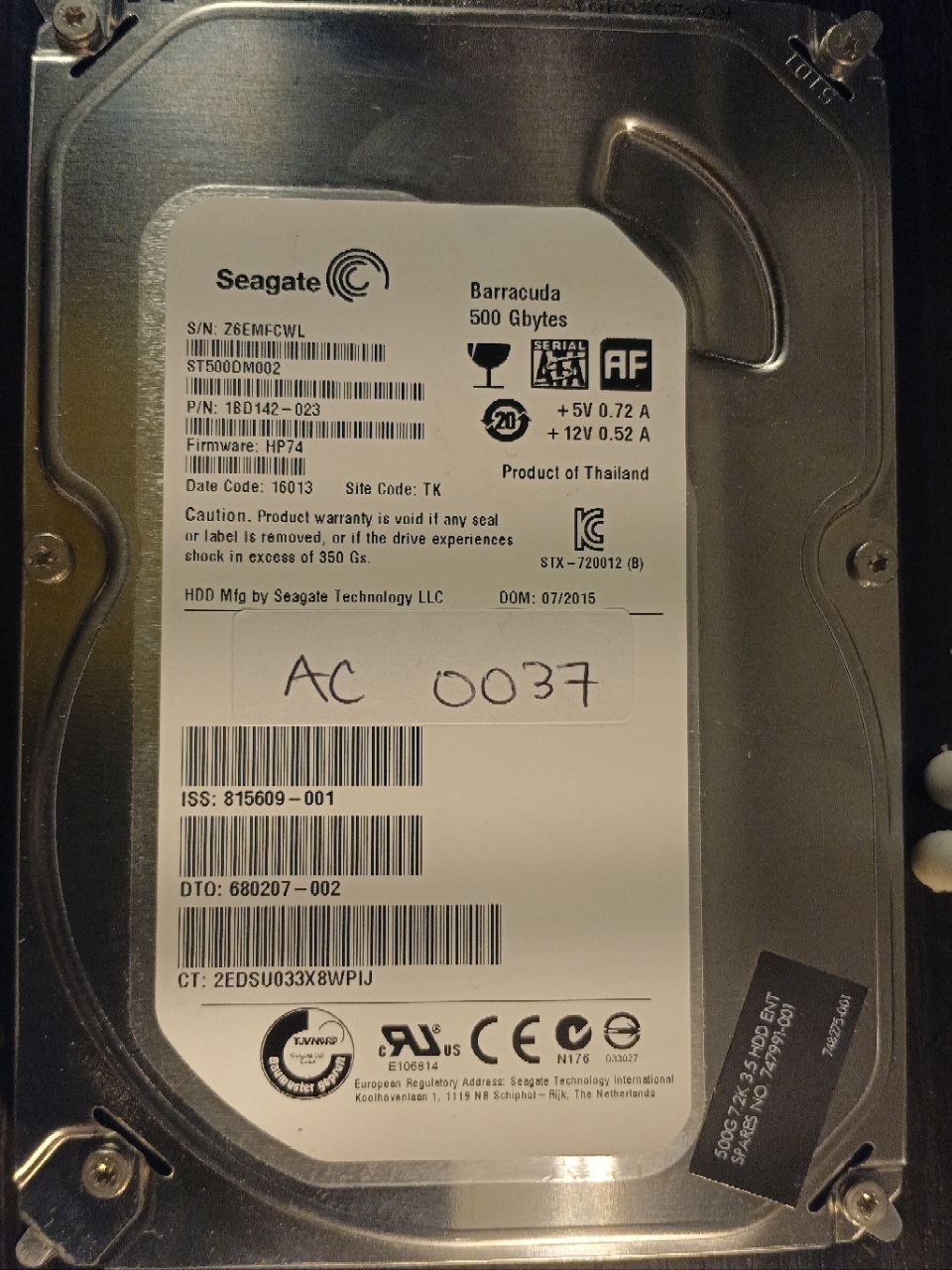AC0037 - Seagate ST500DM002 500GB SATA donor drive - serial Z6EMFCWL - firmware HP74 photo