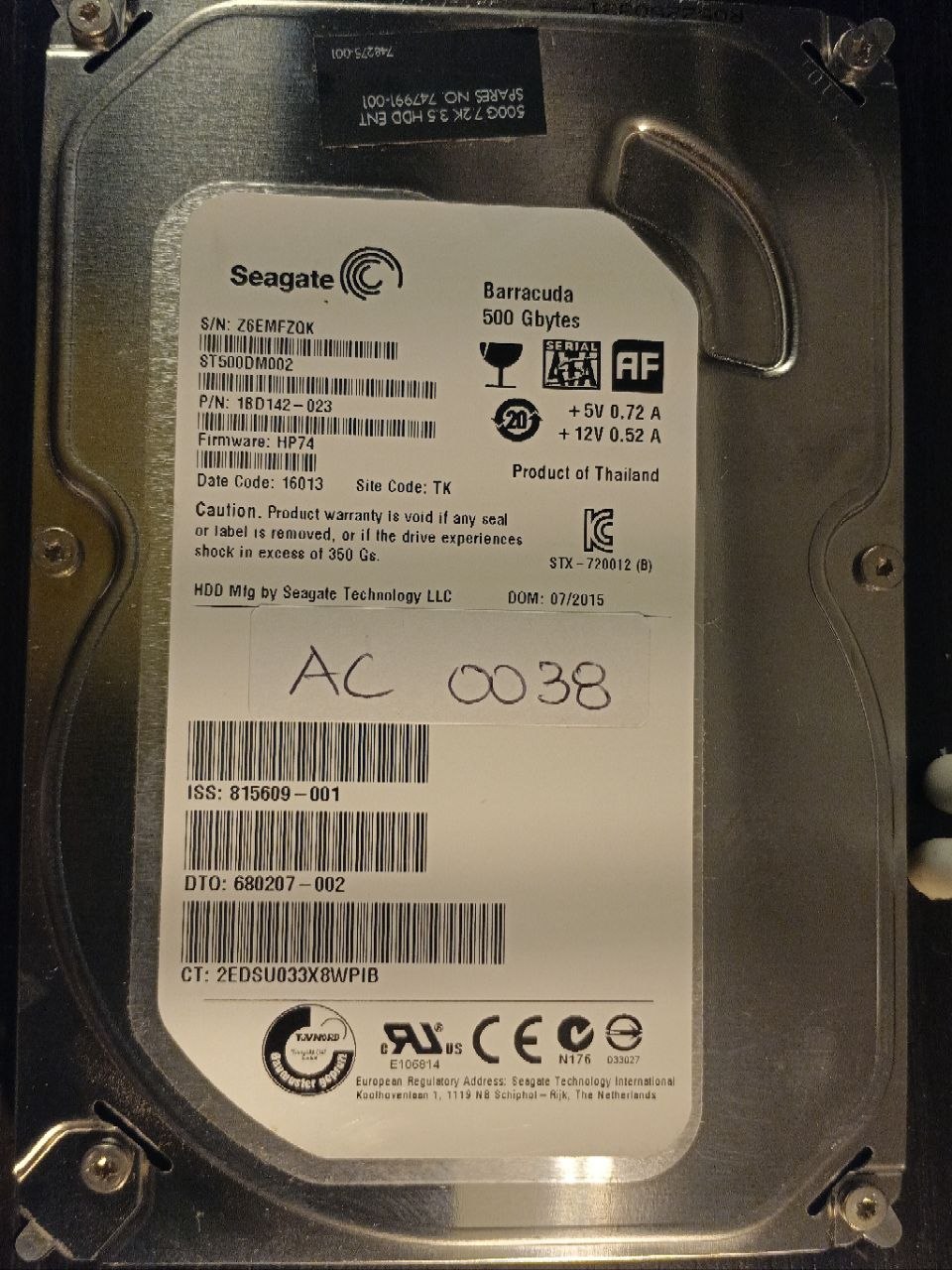 AC0038 - Seagate ST500DM002 500GB SATA donor drive - serial Z6EMFZ0K - firmware HP74 photo