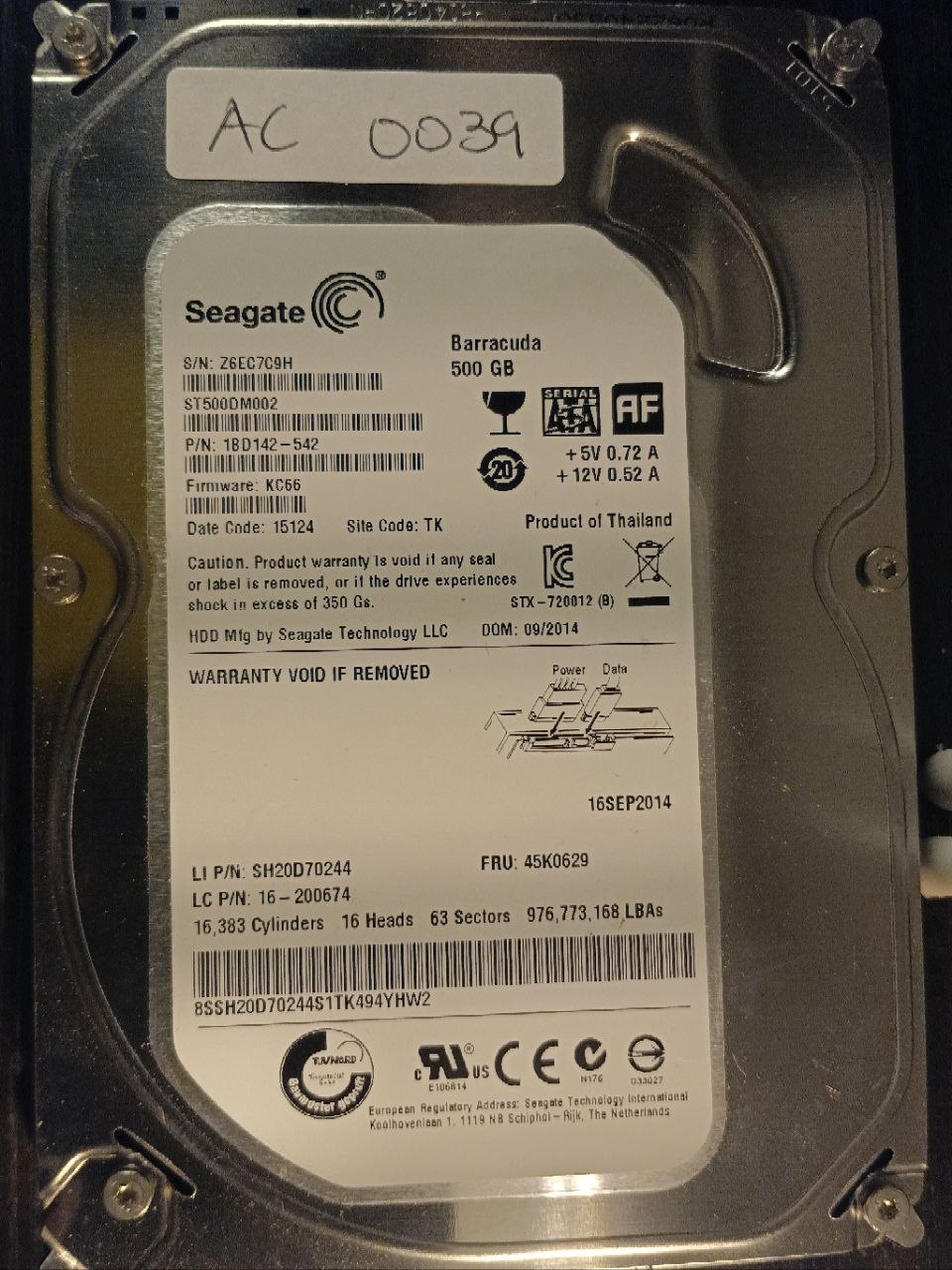 AC0039 - Seagate ST500DM002 500GB SATA donor drive - serial Z6EC7C9H - firmware KC66 photo