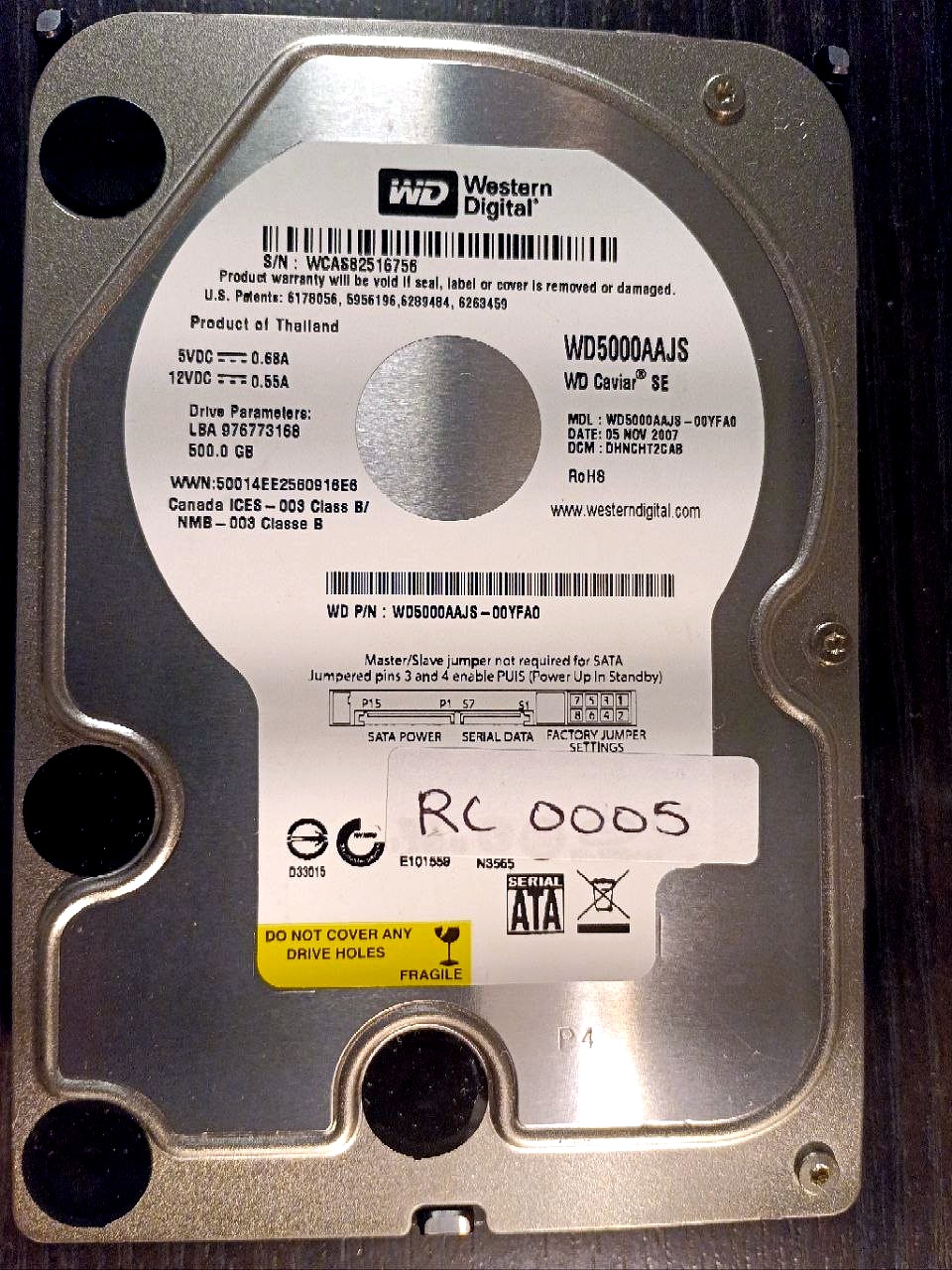Western Digital WD5000AAJS-00YFA0 500GB donor drive