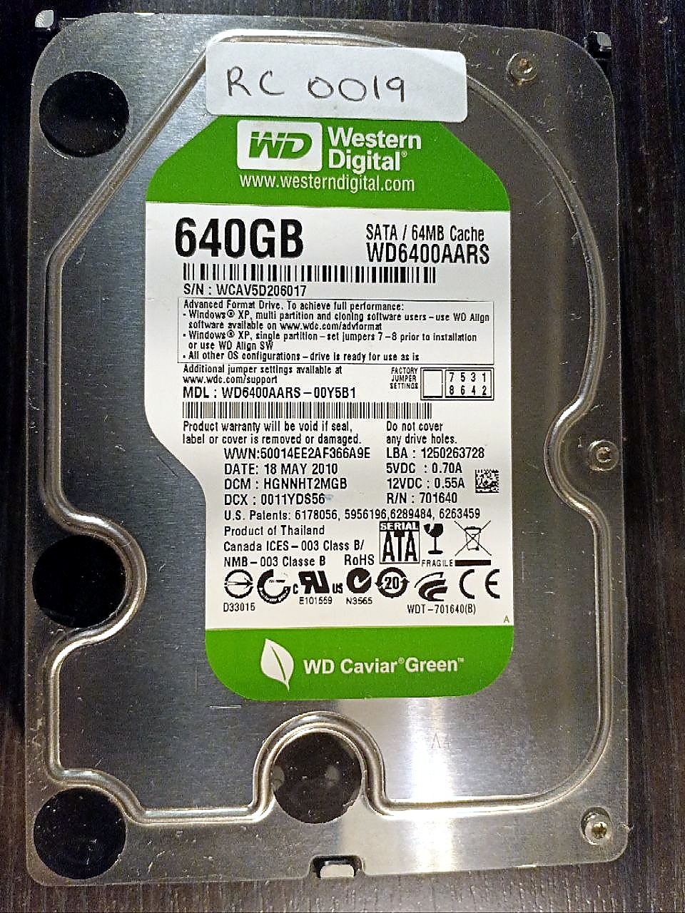 Western Digital WD6400AARS-00Y5B1 640GB donor drive
