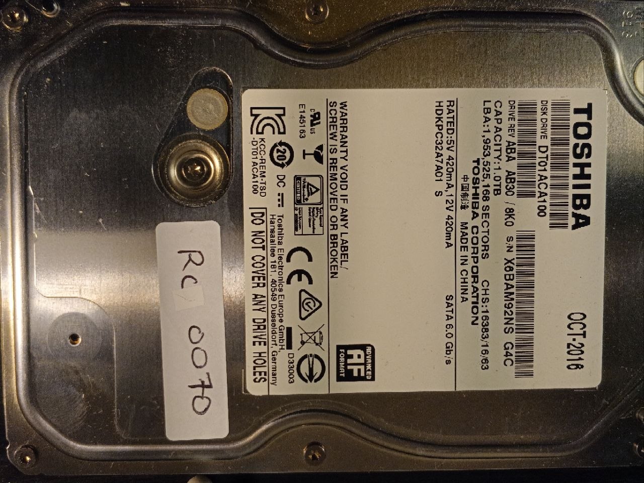 Toshiba DT01ACA100 1TB donor drive