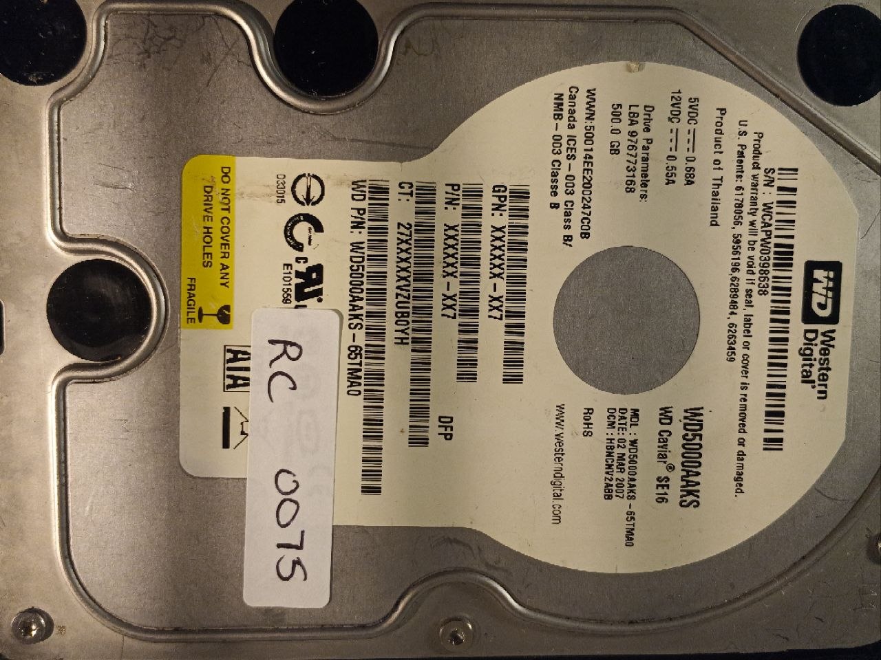 Western Digital WD5000AAKS-65TMA0 500GB donor drive