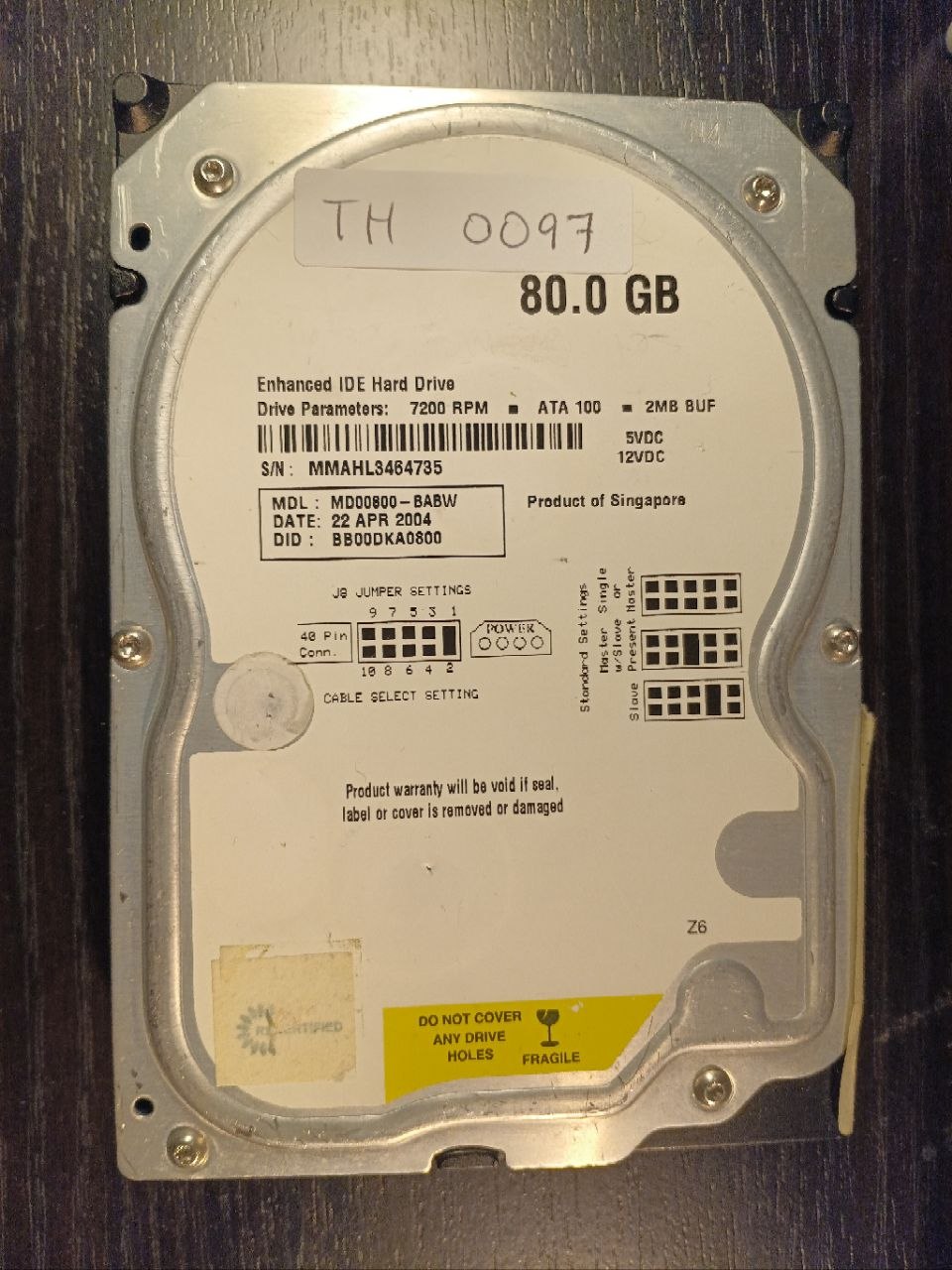Unknown MD0800-BABW 80.0GB ATA/IDE donor drive S/N MMAHL3464735 (TH0097)