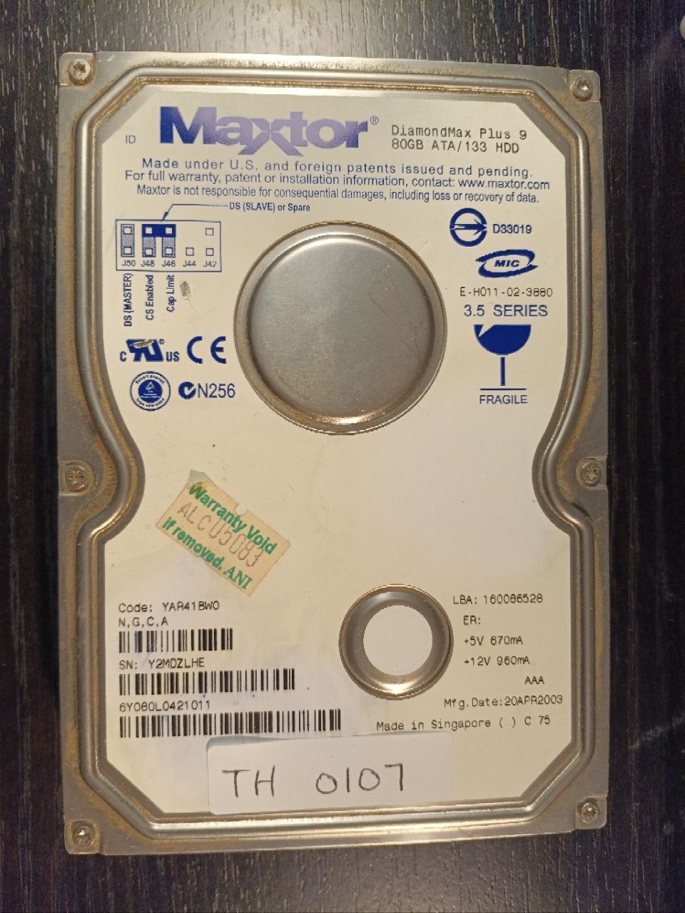 Maxtor 6Y080L0 80GB ATA/IDE donor drive S/N Y2M0ZLHE (TH0107)