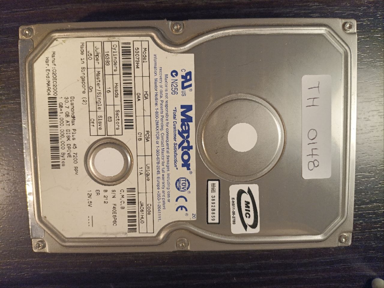 Maxtor 53073H4 30.7GB ATA/IDE donor drive S/N F406FQCC (TH0148)